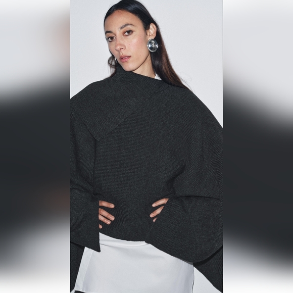 ZARA DARK GRAY WOOL CAPE WITH ASYMMETRIC COLLAR ✨️✨️✨️ - Picture 4 of 11